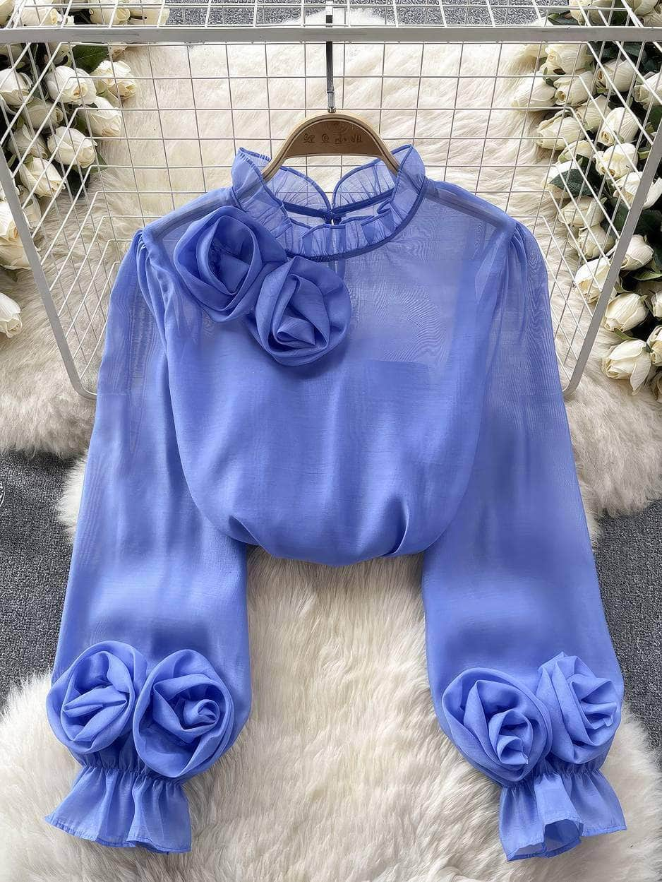 3D Floral Detailed Sheer Mesh Lantern Sleeves Blouse MAX SIZE / CornflowerBlue