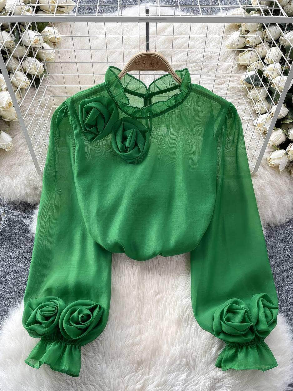 3D Floral Detailed Sheer Mesh Lantern Sleeves Blouse MAX SIZE / Green