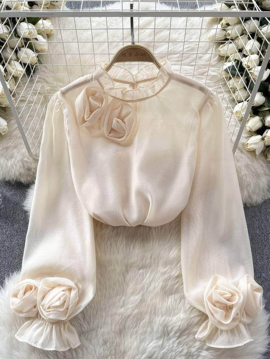 3D Floral Detailed Sheer Mesh Lantern Sleeves Blouse MAX SIZE / Ivory