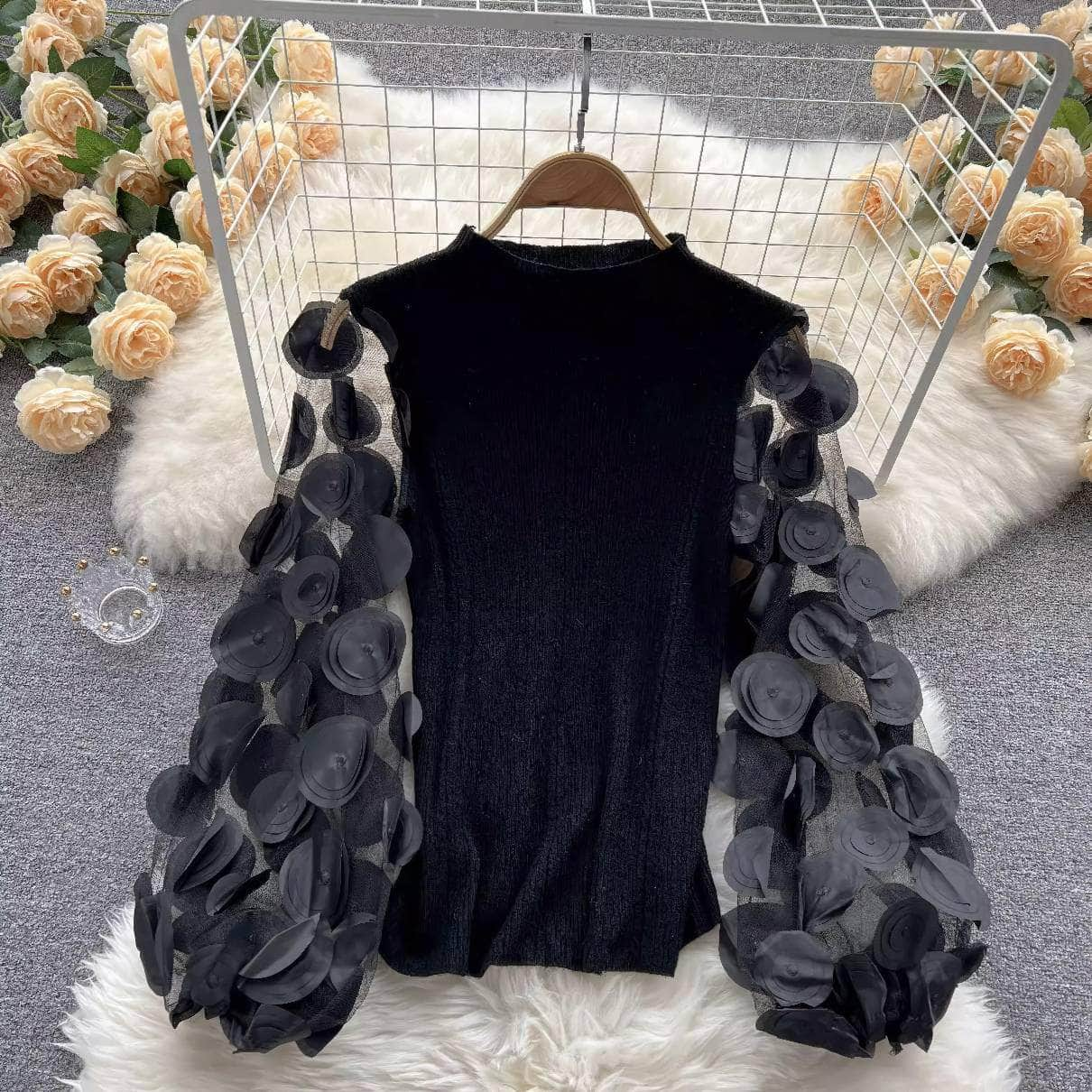 3D Floral Lantern Sleeves Mesh Blouse