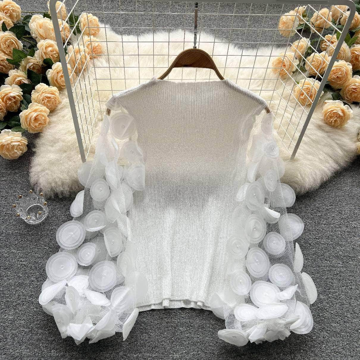 3D Floral Lantern Sleeves Mesh Blouse