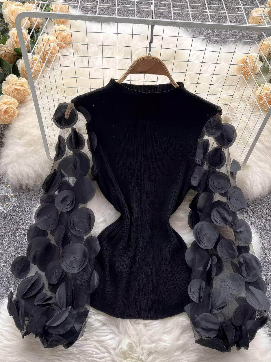 3D Floral Lantern Sleeves Mesh Blouse MAX SIZE / Black