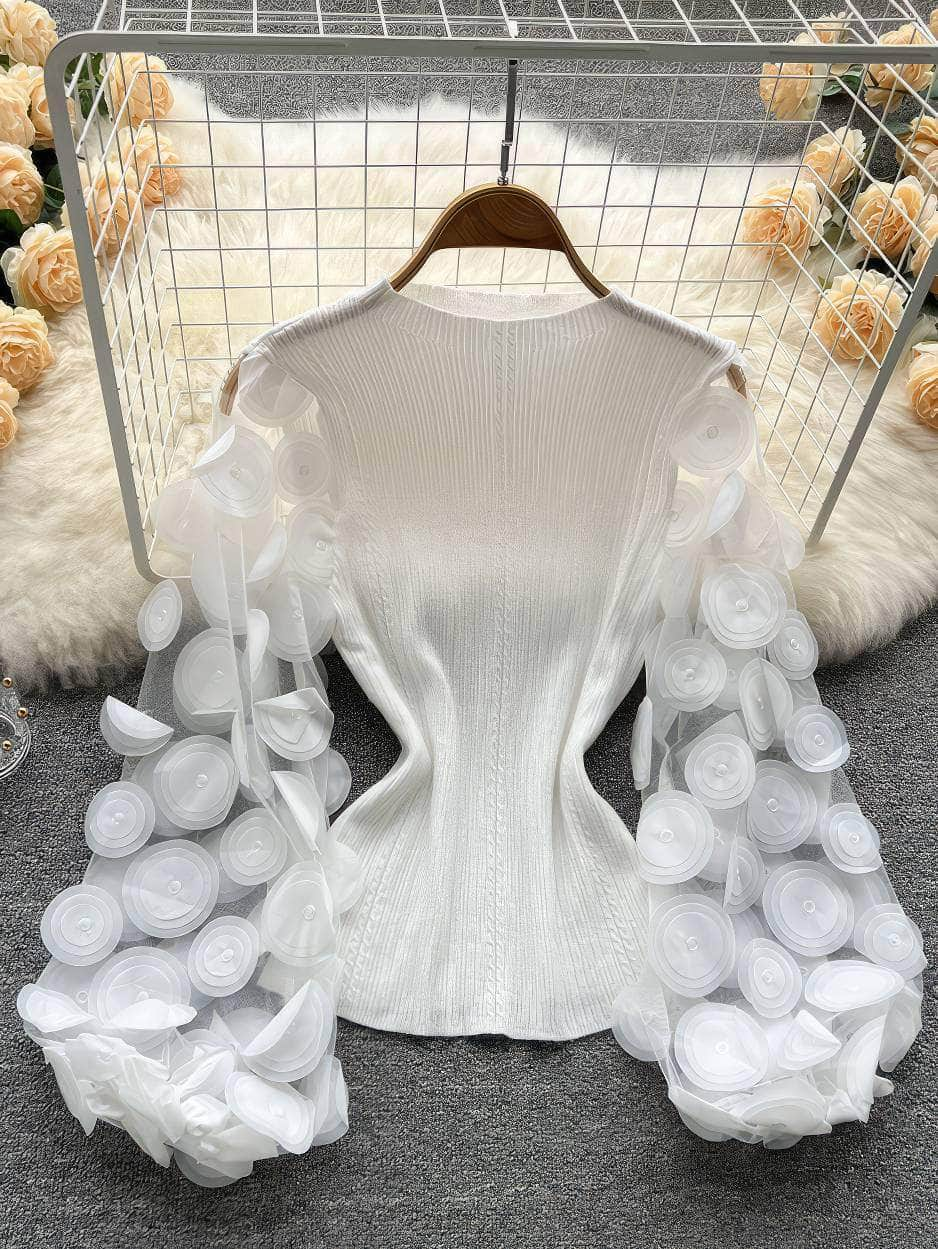 3D Floral Lantern Sleeves Mesh Blouse MAX SIZE / White