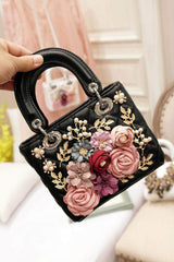 3D Floral Leaf Croc Hand Bag Black