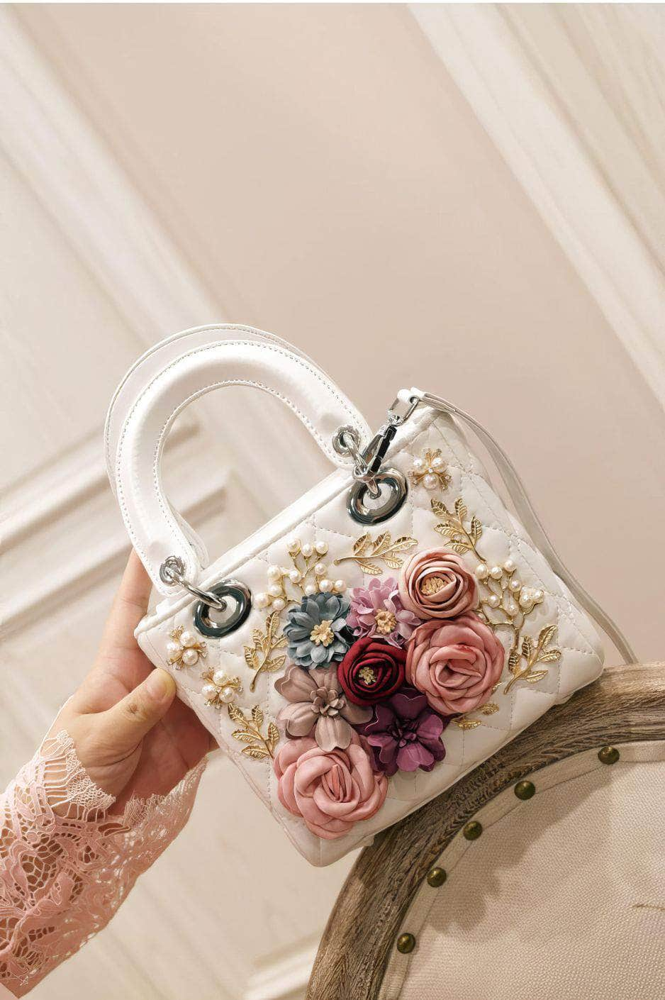 3D Floral Leaf Croc Hand Bag White