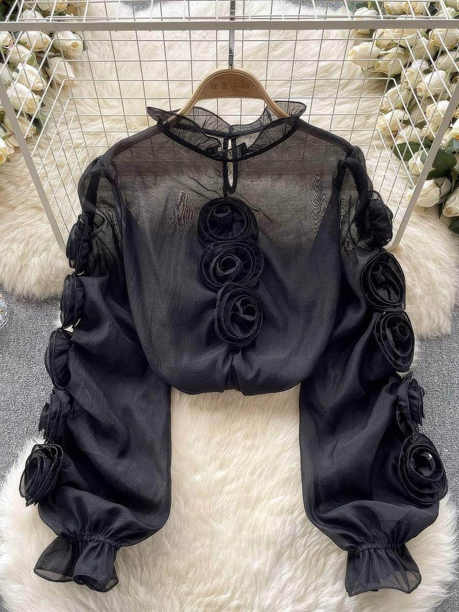 3D Floral Sheer Mesh Blouse Success MAX SIZE / Black