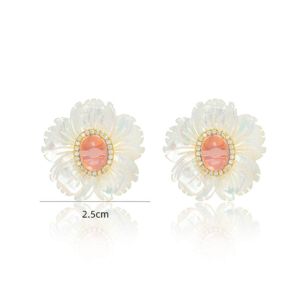 3D Floral Shell Rhinestone Decorated Opal Earrings