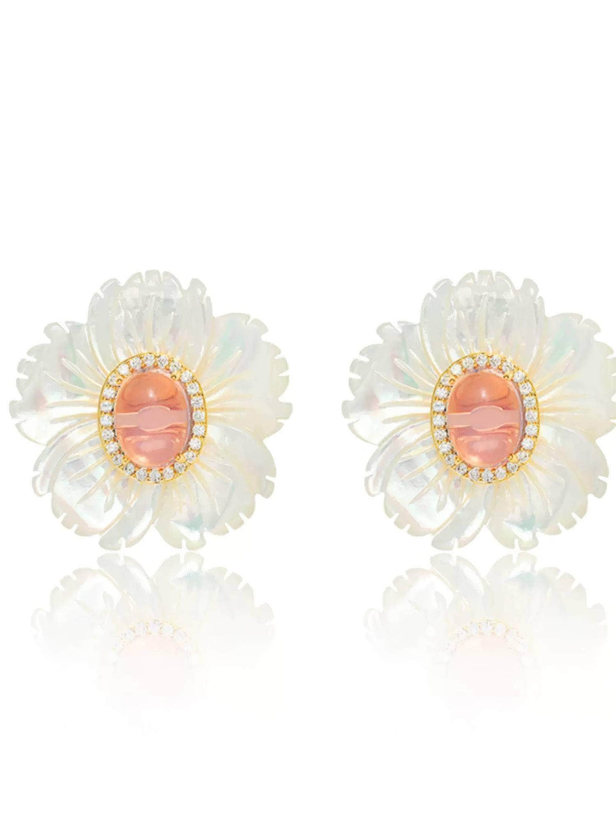 3D Floral Shell Rhinestone Decorated Opal Earrings White / Clip On