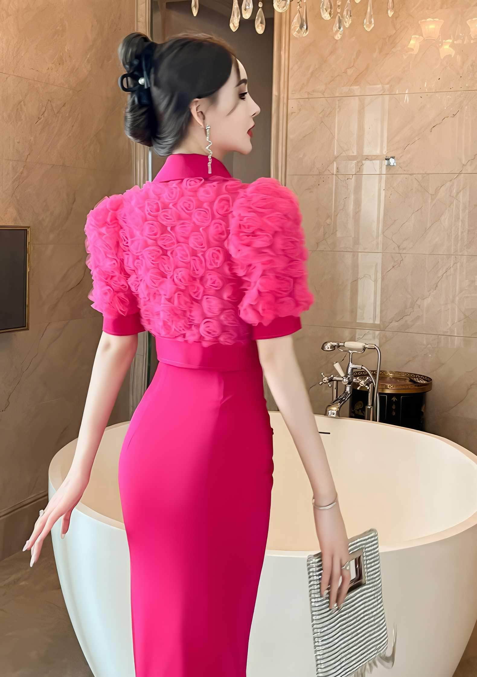 3D Rose Detailed Collared Puff Sleeve Top