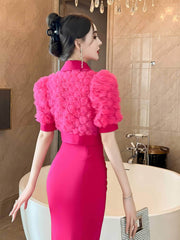 3D Rose Detailed Collared Puff Sleeve Top