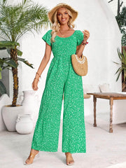 Smocked Printed Short Sleeve Jumpsuit