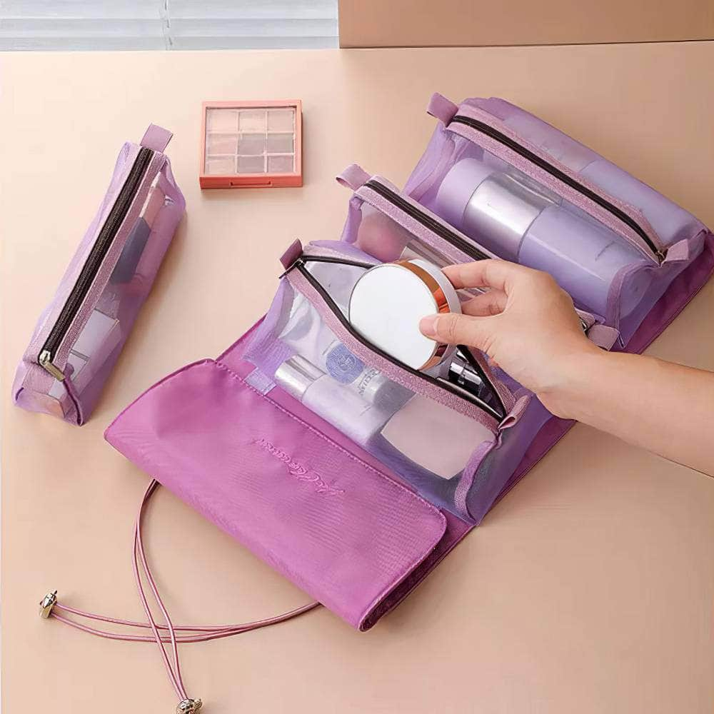 4-in-1 Detachable Makeup Bag Set - Women's Zipper Mesh, Large Capacity, Foldable, Portable Travel Storage