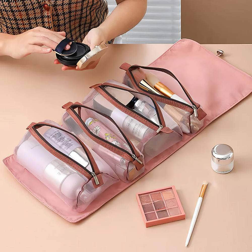 4-in-1 Detachable Makeup Bag Set - Women's Zipper Mesh, Large Capacity, Foldable, Portable Travel Storage