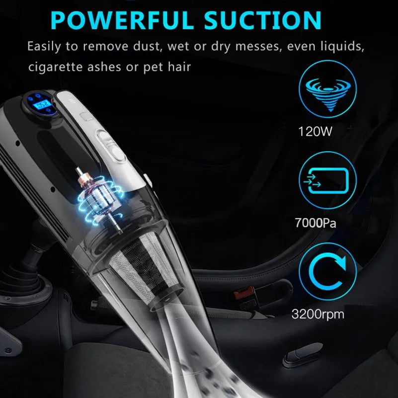 4-in-1 Powerful Car Vacuum Cleaner - Air Compressor, Tire Pressure Gauge, Corded, LED Light