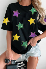 Sequin Stars Patched Round Neck T-Shirt