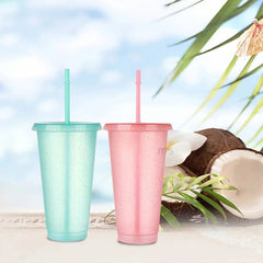 480/700ML Flash Powder Water Bottle With Straws Lid Plastic Reusable Personalized Drinkware Coffee Drinking Cup Christmas Gifts