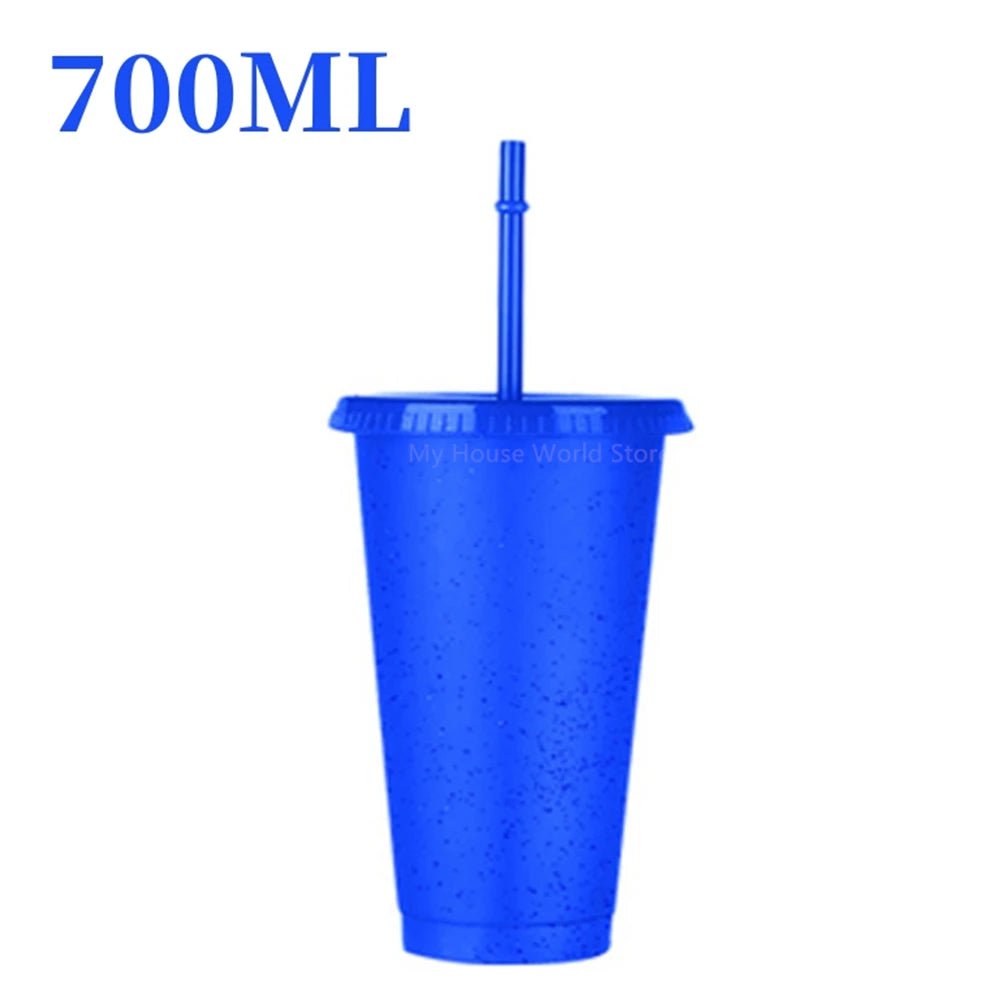 480/700ML Flash Powder Water Bottle With Straws Lid Plastic Reusable Personalized Drinkware Coffee Drinking Cup Christmas Gifts blue 700ml / 500-1000ml