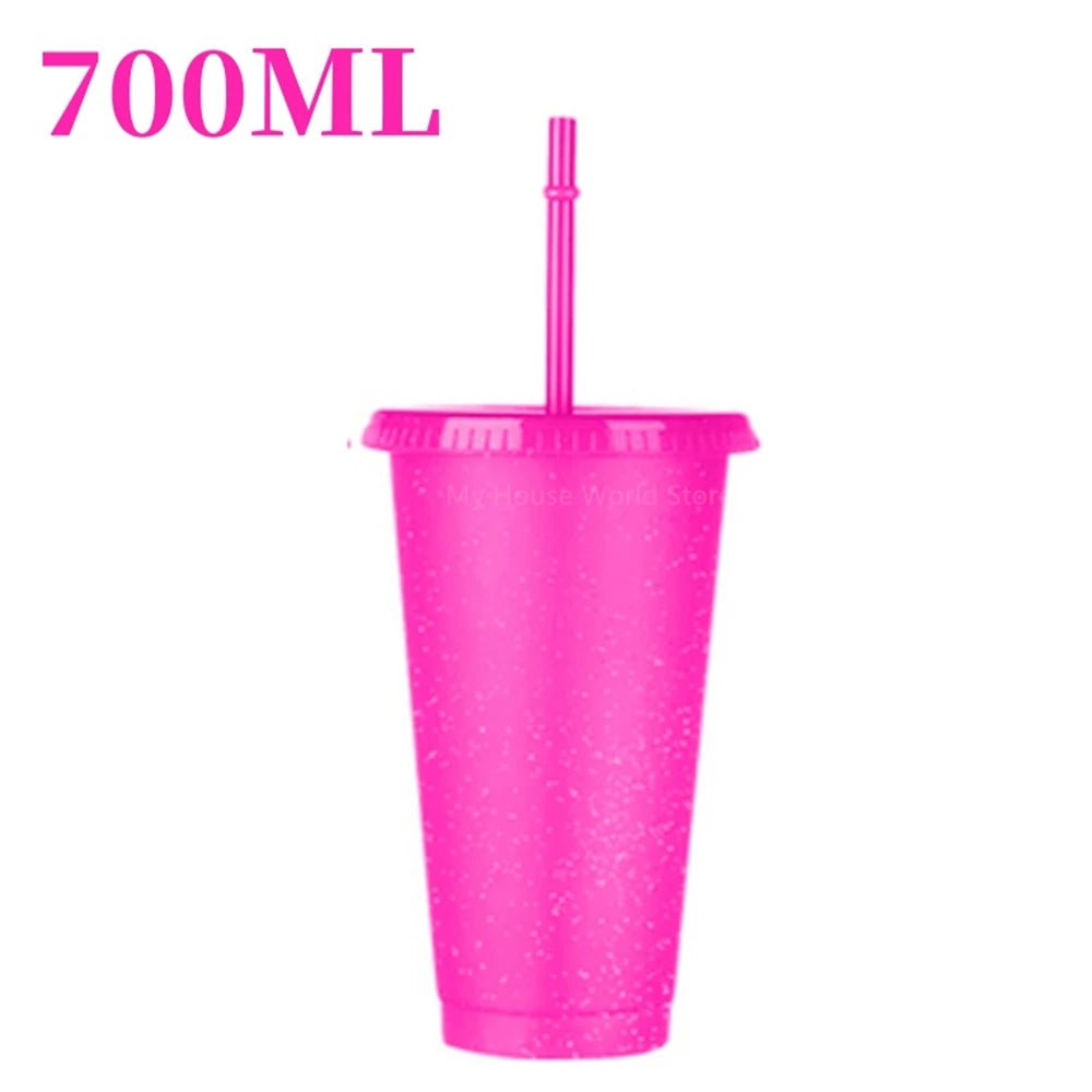 480/700ML Flash Powder Water Bottle With Straws Lid Plastic Reusable Personalized Drinkware Coffee Drinking Cup Christmas Gifts bright pink 700ml / 500-1000ml