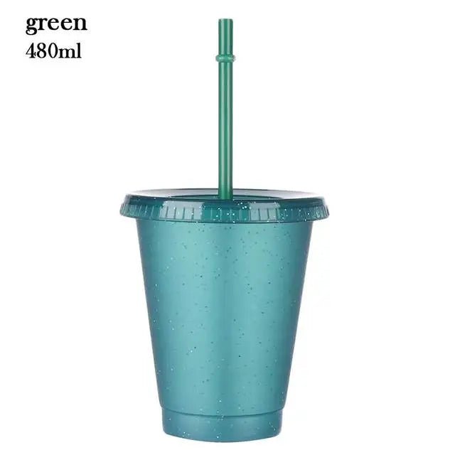 480/700ML Flash Powder Water Bottle With Straws Lid Plastic Reusable Personalized Drinkware Coffee Drinking Cup Christmas Gifts Dark green 480ml / 500-1000ml