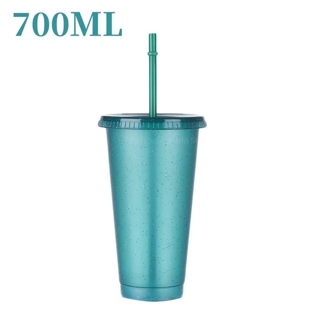 480/700ML Flash Powder Water Bottle With Straws Lid Plastic Reusable Personalized Drinkware Coffee Drinking Cup Christmas Gifts Dark green 700ml / 500-1000ml