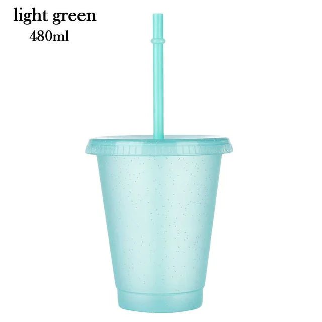 480/700ML Flash Powder Water Bottle With Straws Lid Plastic Reusable Personalized Drinkware Coffee Drinking Cup Christmas Gifts Light green 480ml / 500-1000ml