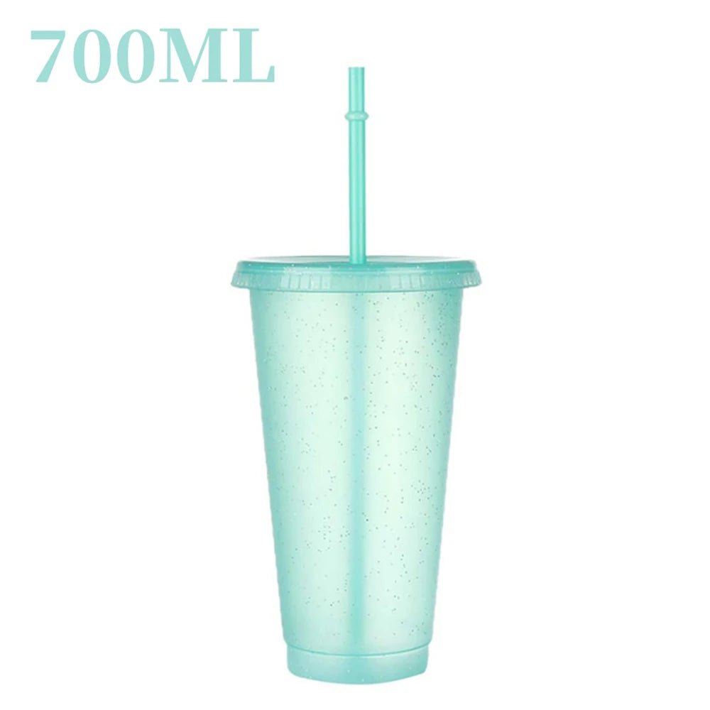 480/700ML Flash Powder Water Bottle With Straws Lid Plastic Reusable Personalized Drinkware Coffee Drinking Cup Christmas Gifts Light green 700ml / 500-1000ml