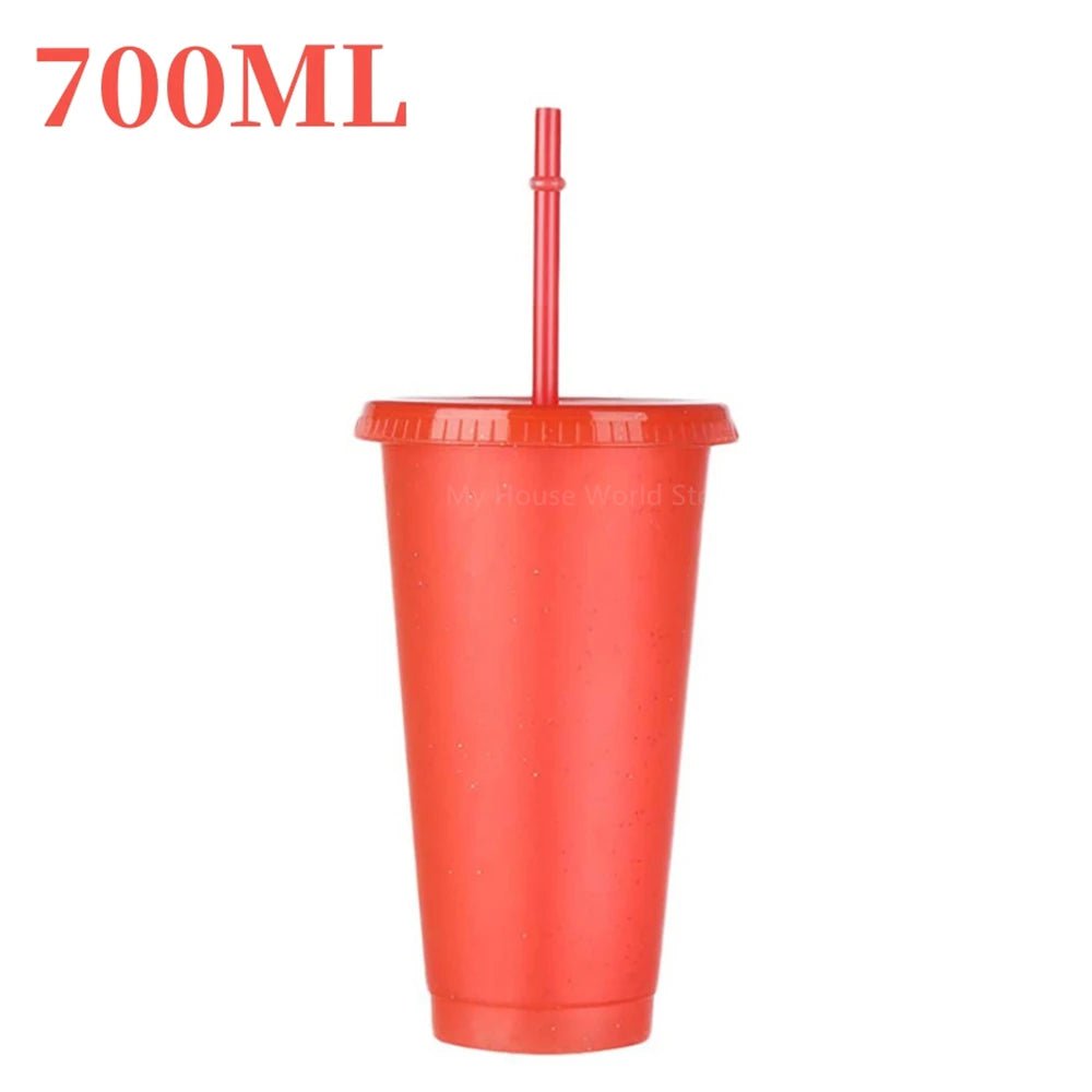 480/700ML Flash Powder Water Bottle With Straws Lid Plastic Reusable Personalized Drinkware Coffee Drinking Cup Christmas Gifts Orange red 700ml / 500-1000ml