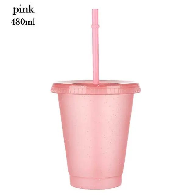 480/700ML Flash Powder Water Bottle With Straws Lid Plastic Reusable Personalized Drinkware Coffee Drinking Cup Christmas Gifts pink 480ml / 500-1000ml