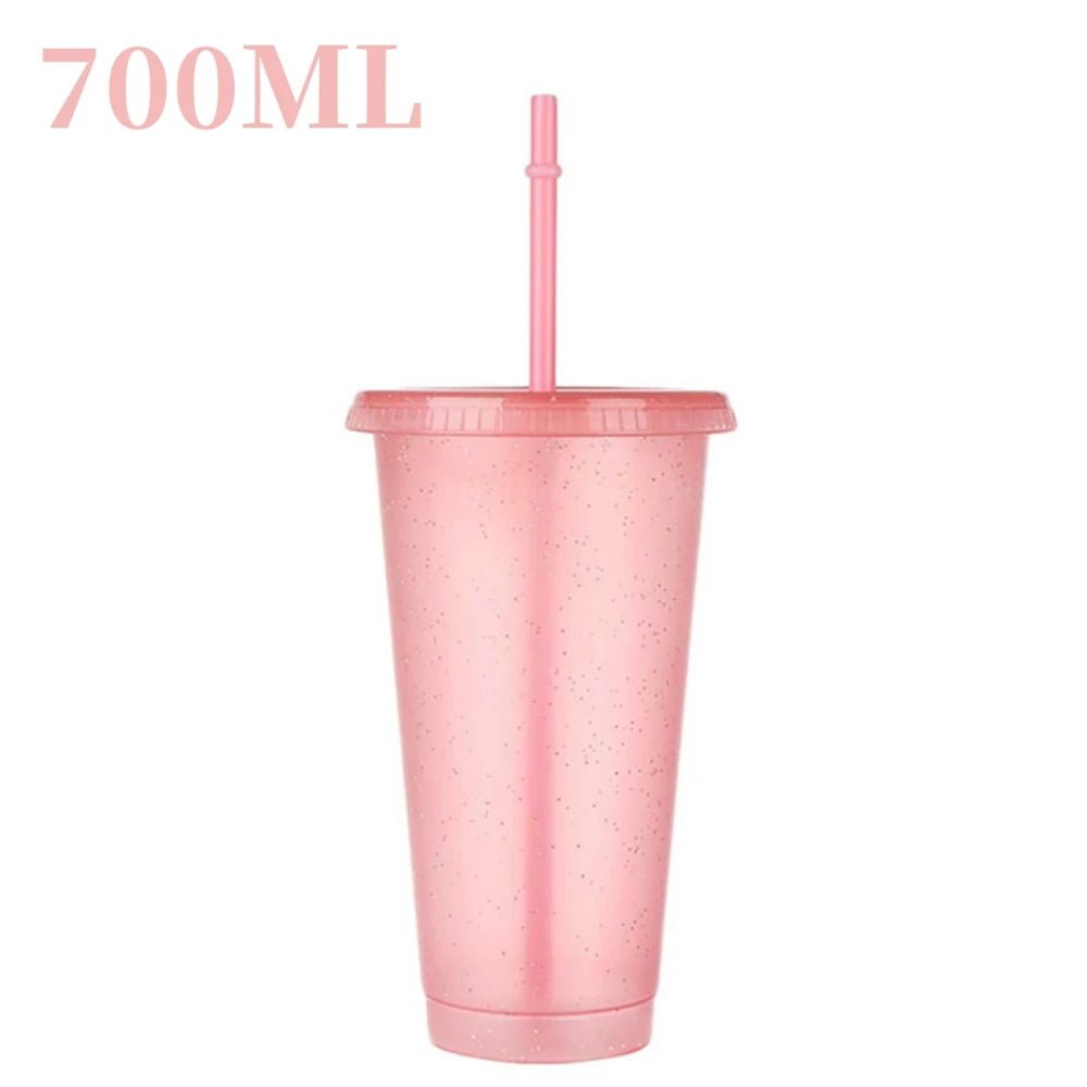 480/700ML Flash Powder Water Bottle With Straws Lid Plastic Reusable Personalized Drinkware Coffee Drinking Cup Christmas Gifts pink 700ml / 500-1000ml