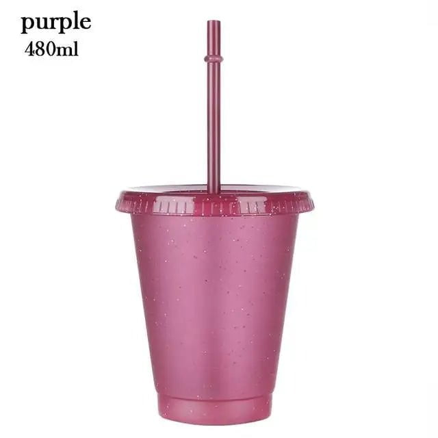 480/700ML Flash Powder Water Bottle With Straws Lid Plastic Reusable Personalized Drinkware Coffee Drinking Cup Christmas Gifts purple 480ml / 500-1000ml