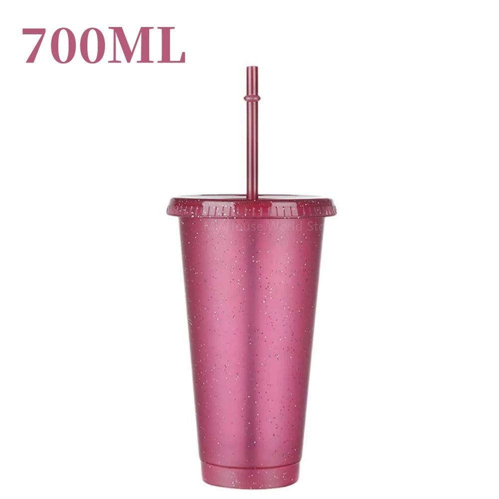 480/700ML Flash Powder Water Bottle With Straws Lid Plastic Reusable Personalized Drinkware Coffee Drinking Cup Christmas Gifts purple 700ml / 500-1000ml