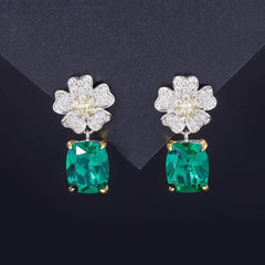 4CT Lab Created Gemstone 14K Gold Floral Drop Earrings Emerald
