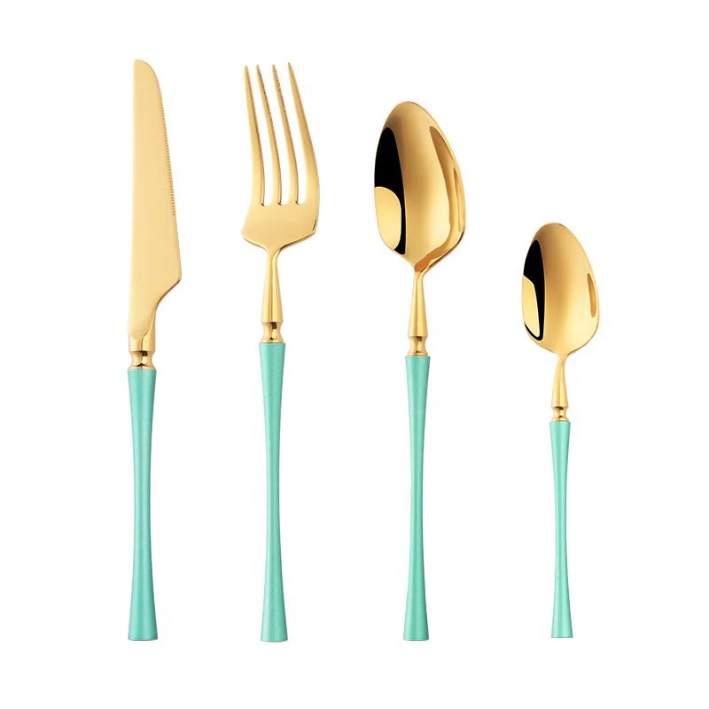 4Pcs 18/10 Stainless Steel Flatware Set - Standing Cutlery with Knife, Fork, Spoon, Teaspoon, Western Silverware Dinner Set Green-Gold