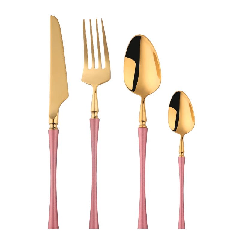 4Pcs 18/10 Stainless Steel Flatware Set - Standing Cutlery with Knife, Fork, Spoon, Teaspoon, Western Silverware Dinner Set Pink-Gold