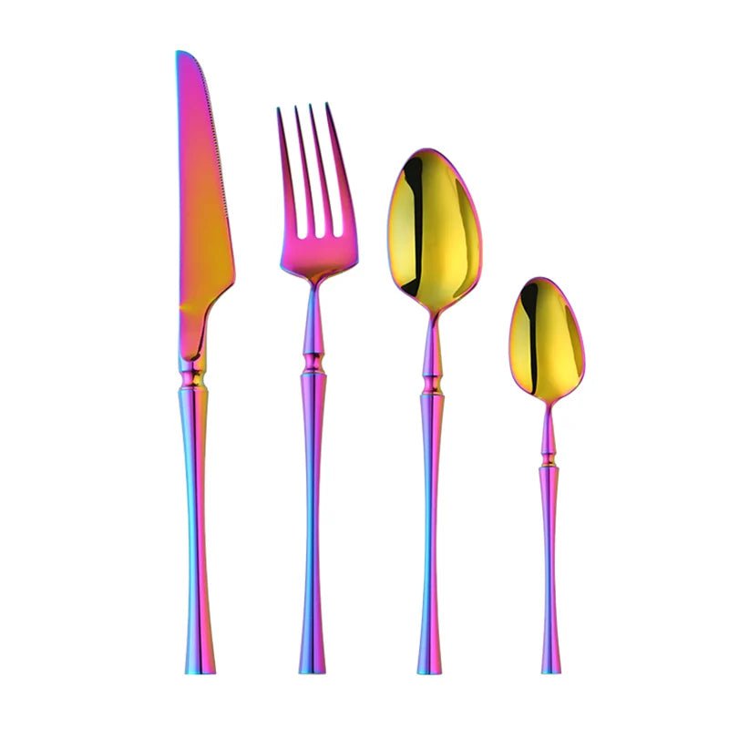 4Pcs 18/10 Stainless Steel Flatware Set - Standing Cutlery with Knife, Fork, Spoon, Teaspoon, Western Silverware Dinner Set Rainbow no.0