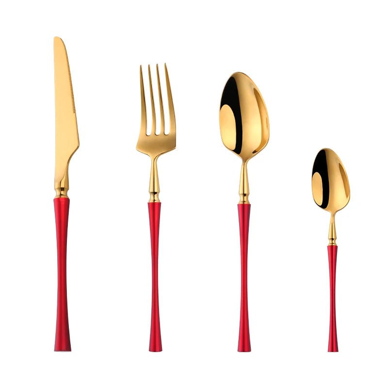 4Pcs 18/10 Stainless Steel Flatware Set - Standing Cutlery with Knife, Fork, Spoon, Teaspoon, Western Silverware Dinner Set Red-Gold
