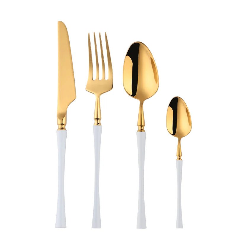 4Pcs 18/10 Stainless Steel Flatware Set - Standing Cutlery with Knife, Fork, Spoon, Teaspoon, Western Silverware Dinner Set White-Gold