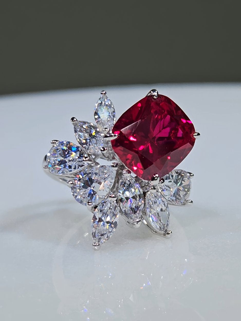 5 Ct Lab Grown Diamond Paved Crystals Ruby Gemstone Ring