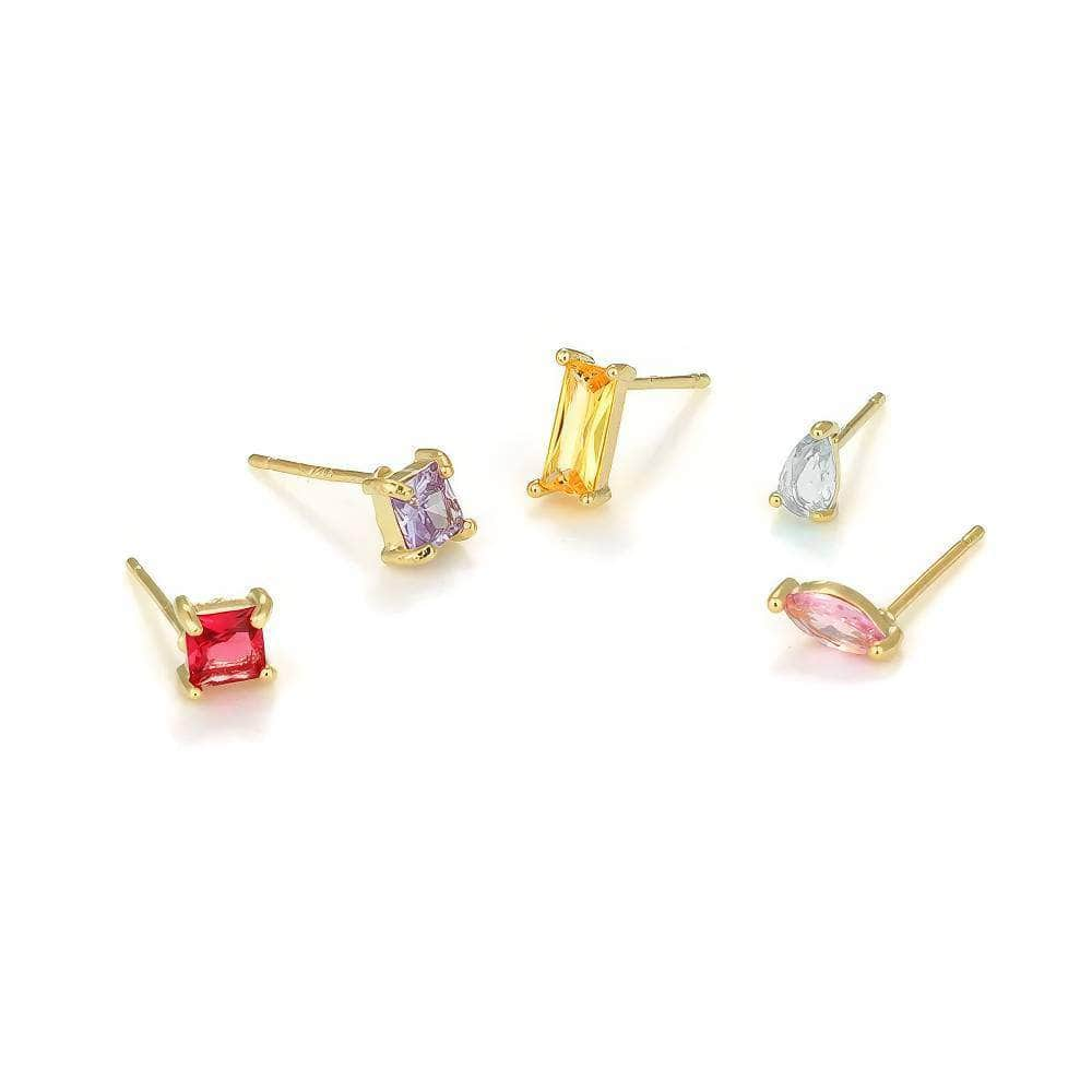 5-Color Set 14K Gold Rhinestone Stud Earrings Multicolor / Clip On