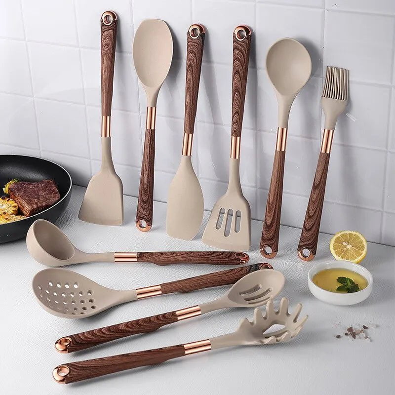 5-Piece Apricot/Black Silicone Kitchen Utensil Set, Pot-Friendly