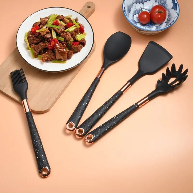 5-Piece Apricot/Black Silicone Kitchen Utensil Set, Pot-Friendly