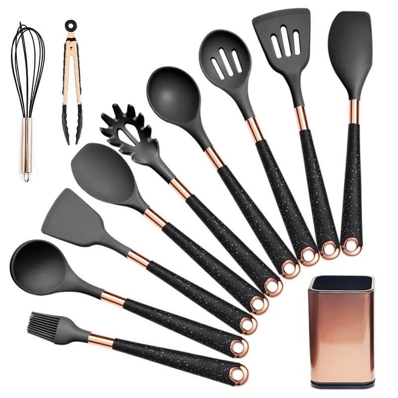 5-Piece Apricot/Black Silicone Kitchen Utensil Set, Pot-Friendly Black 13pcs