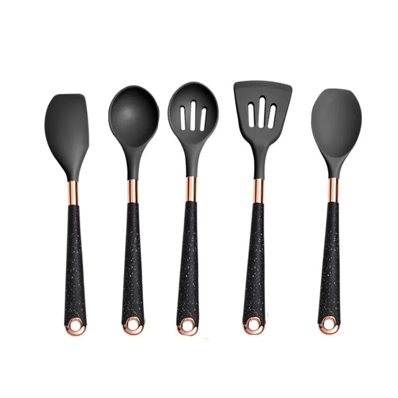 5-Piece Apricot/Black Silicone Kitchen Utensil Set, Pot-Friendly Black 5pcs