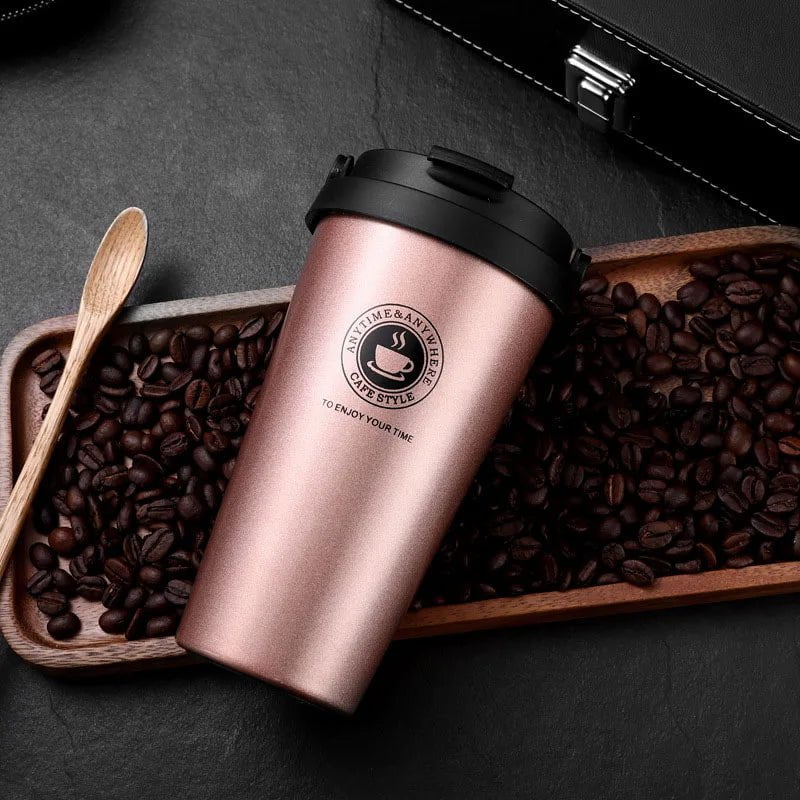 500ML Coffee Mug - Creative 304 Stainless Steel Travel Mug, Double Wall Vacuum Insulated Tumbler, Wide Mouth Tea Cup with Lid Rose gold B / ship in 24 hours