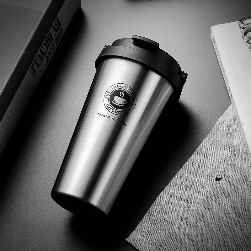 500ML Coffee Mug - Creative 304 Stainless Steel Travel Mug, Double Wall Vacuum Insulated Tumbler, Wide Mouth Tea Cup with Lid Silver B / ship in 24 hours