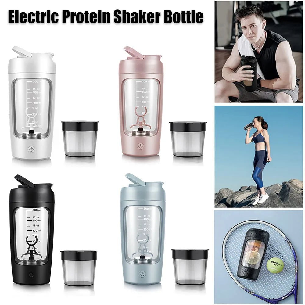 500ml Electric Protein Shaker Cup with Built-in Powder Storage Container, Mixer Wire Whisk Ball, Ideal for Gym
