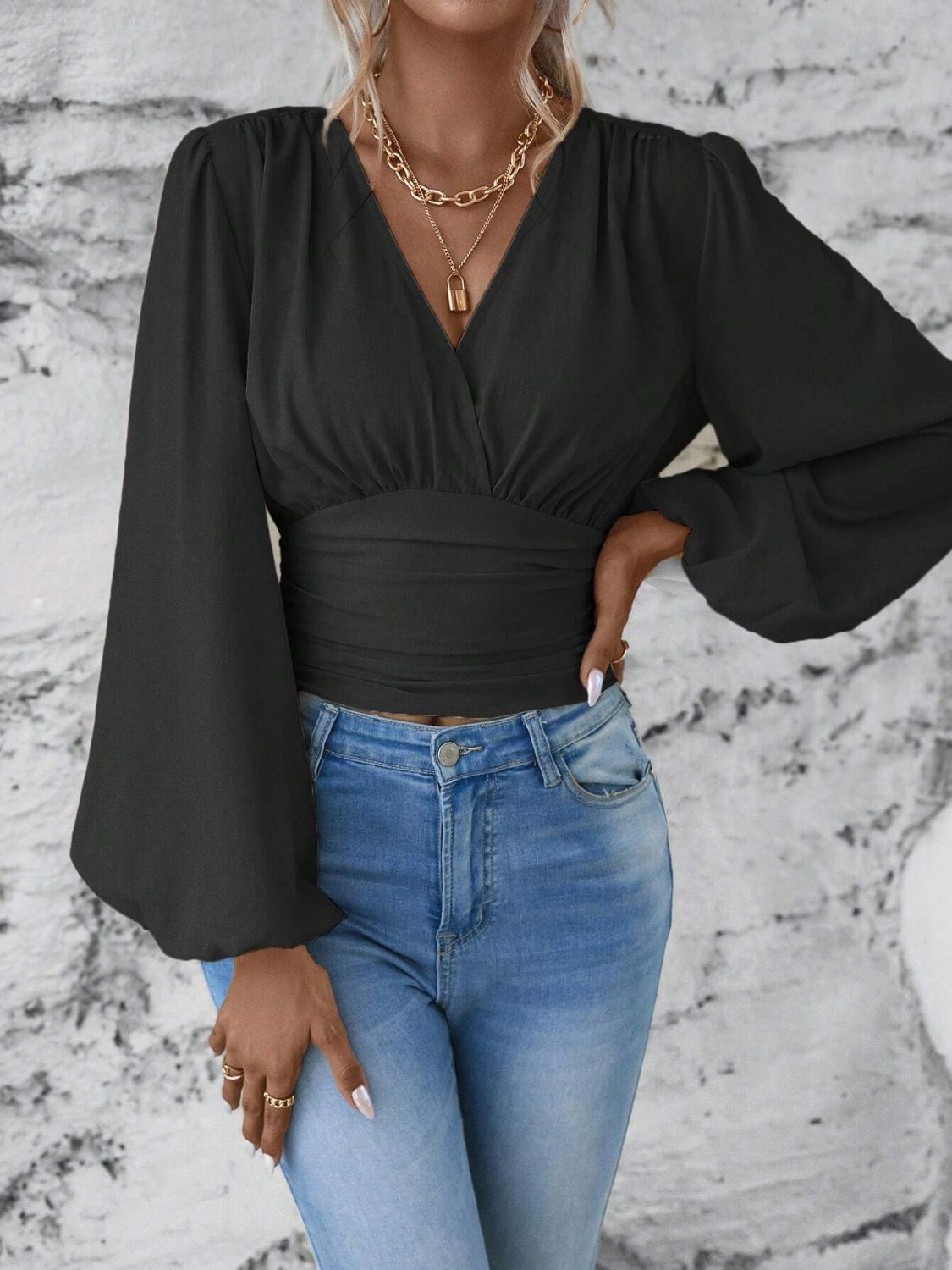 Smocked Surplice Balloon Sleeve Top