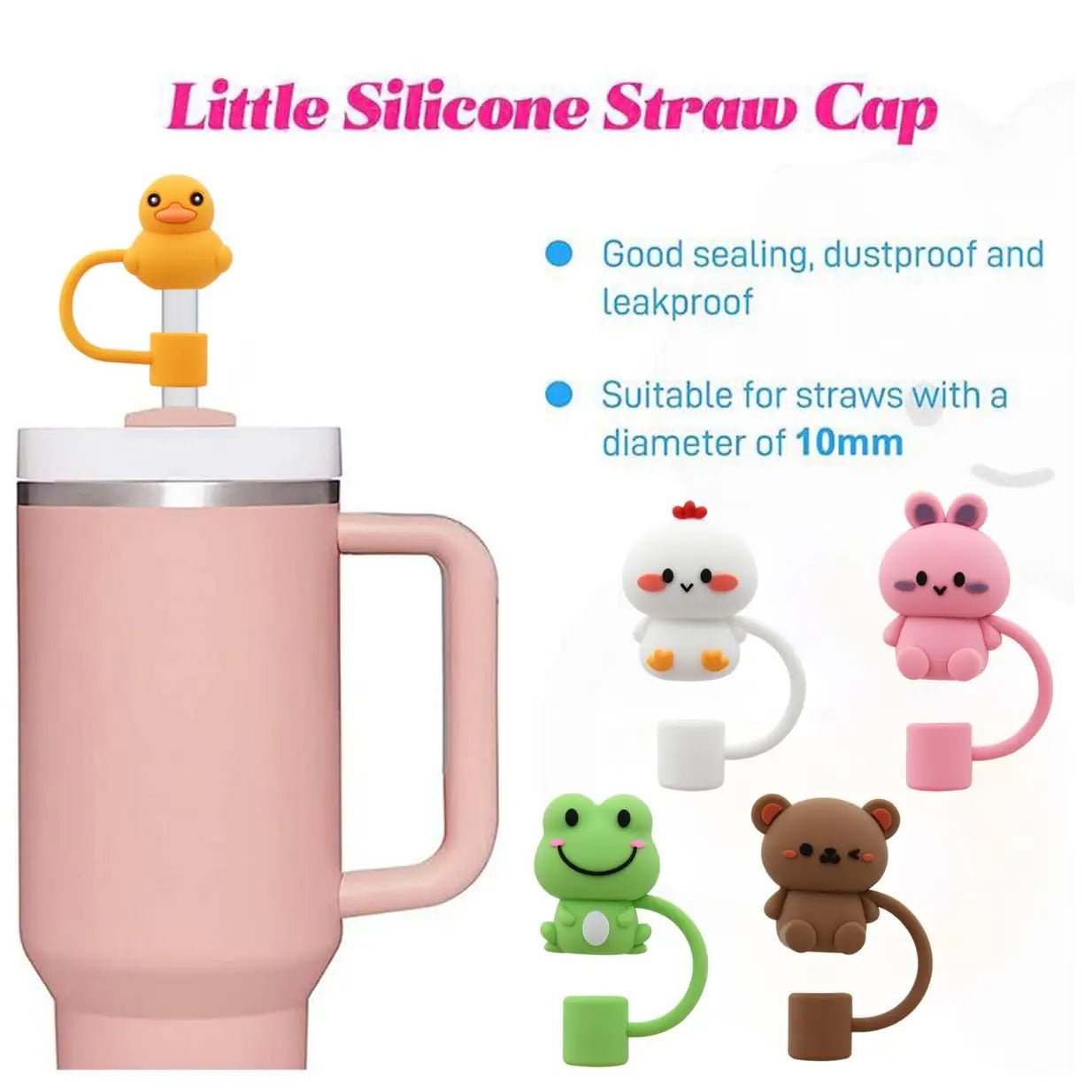 5Pcs Animal Shape Reusable 10mm Silicone Straw Topper - Stanley Cup Accessories, Dust-Proof Straw Cover Tips Lids