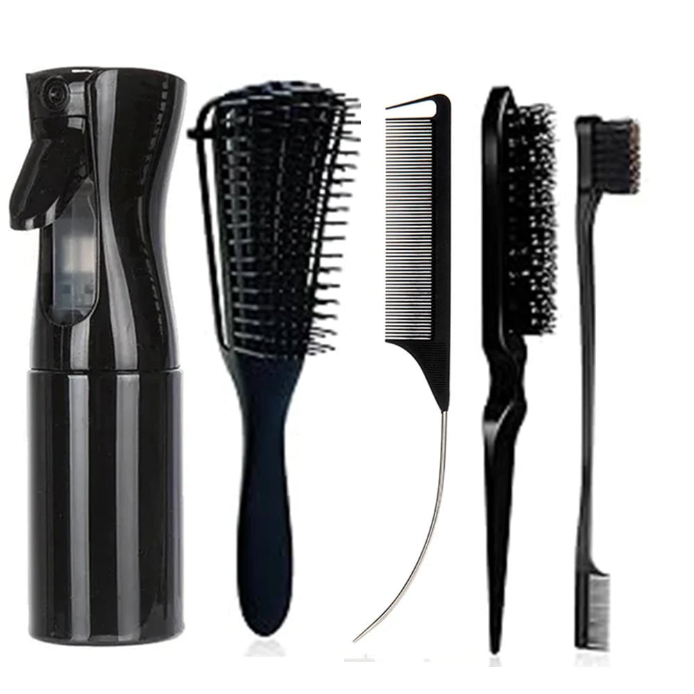 5pcs/set Salon Hair Tools: Detangling Anti-Static Hair Brush, Curly Hair Curved Rat Tail Comb Set Suitable For All Hair Types 5 pcs set black1