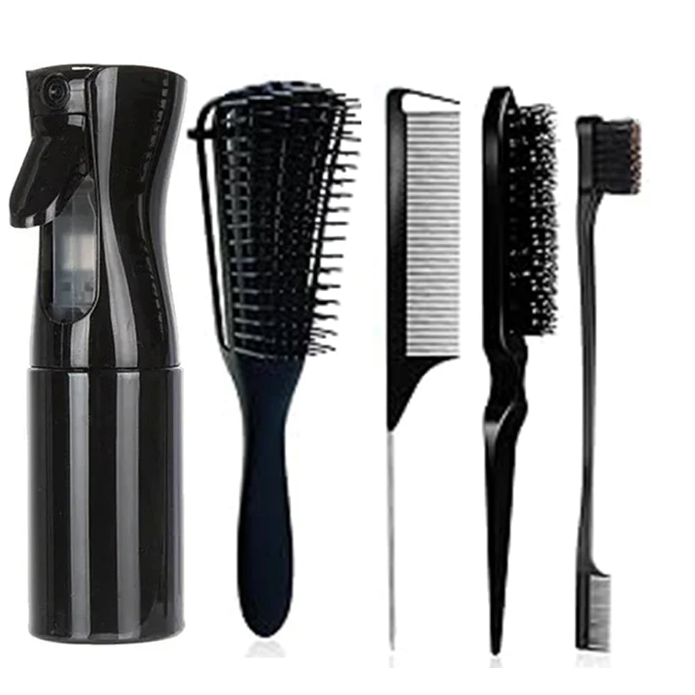 5pcs/set Salon Hair Tools: Detangling Anti-Static Hair Brush, Curly Hair Curved Rat Tail Comb Set Suitable For All Hair Types 5 pcs set black2